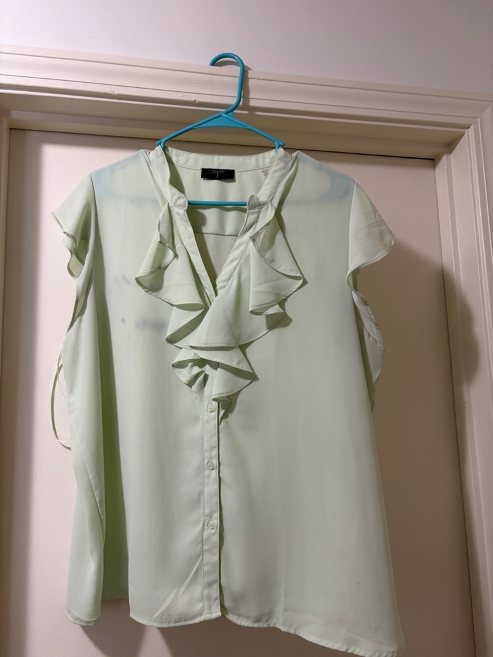 Tahari Pale Mint Ruffle Front Cap Sleeve Blouse